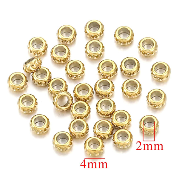Perles Intercalaires, Rondelles Travaillées 4mm, Acier Inoxydable 304, finition Doré à l'or fin 18K