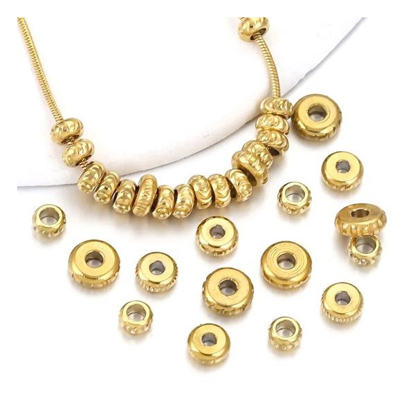 Perles Intercalaires, Rondelles Travaillées 4mm, Acier Inoxydable 304, finition Doré à l'or fin 18K