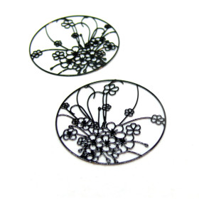 Estampes, pendentif, filigrane Champ de Fleurs 30mm, métal couleur Noir