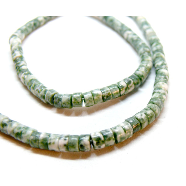 Perles rondelles, Heishi 4 par 2mm, Jaspe Vert et blanc