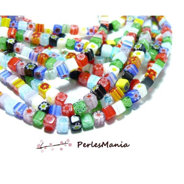 Perles CUBE verre 4mm Millefiori, Multicolores