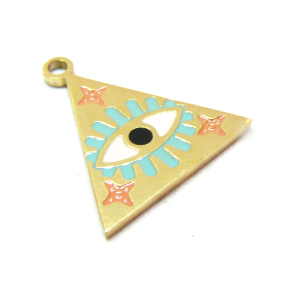 Pendentif Grigri, Amulette triangle 20mm, résine émaillée, Acier Inoxydable 304, Doré à l'or fin 18K