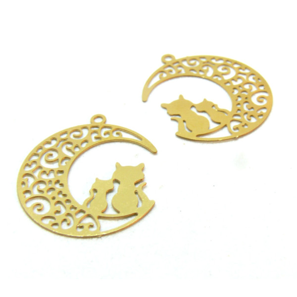 Estampes pendentif filigrane Chats et Lune 19mm, Acier Inoxydable finition Doré à l'or fin 18K