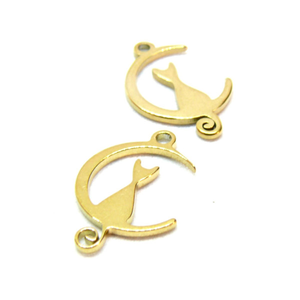 Pendentifs Chat dans Lune 16mm, Acier Inoxydable 304 doré à l'or fin 18K, Placage IONIQUE