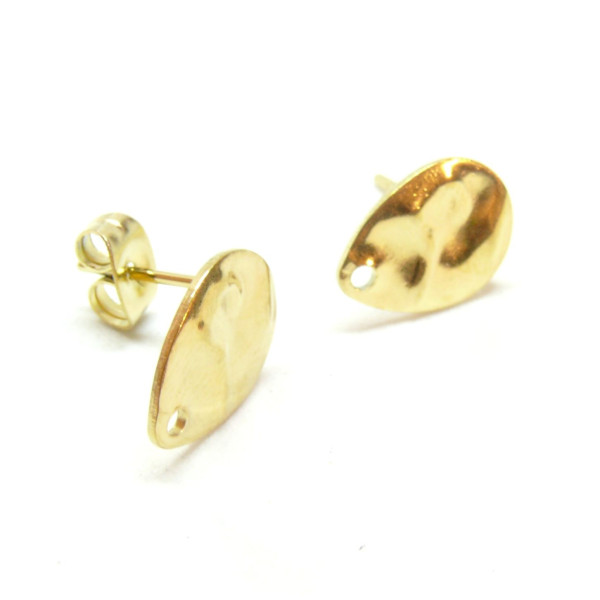 Boucles d'oreilles, Puces Gouttes martelées 12 par 9mm avec trou et embouts poussoirs, Acier Inoxydable 304, finition DORE