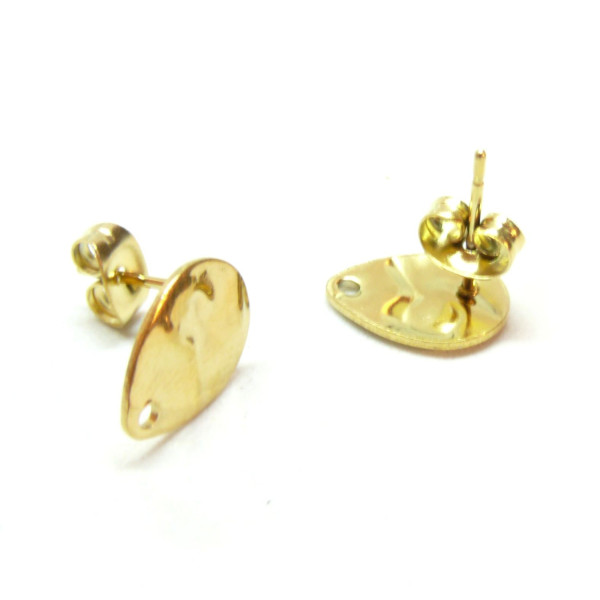 Boucles d'oreilles, Puces Gouttes martelées 12 par 9mm avec trou et embouts poussoirs, Acier Inoxydable 304, finition DORE