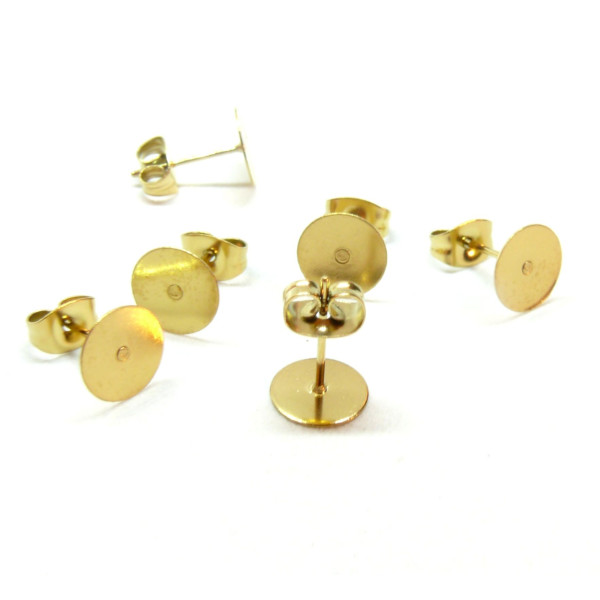 Boucles d’Oreille Puce Plateau Rond 8mm avec Embouts – Acier Inoxydable 304 Doré 24K