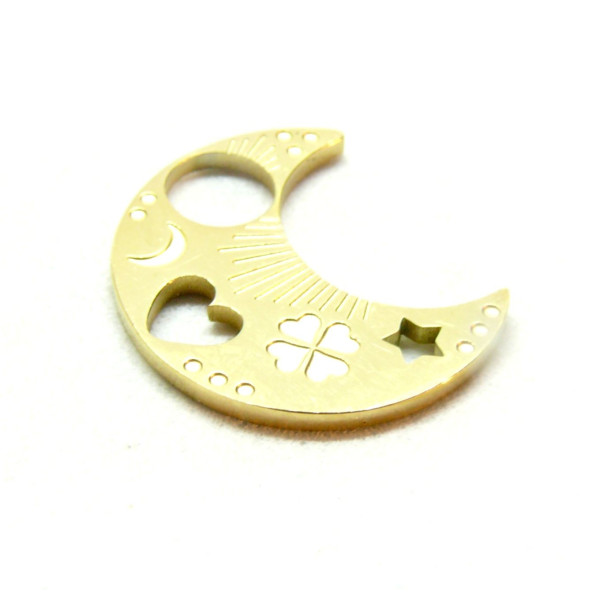 Pendentif Lune Travaillé 18mm, Acier Inoxydable 316L Doré  à l'or fin 18K, PVD pour bijoux raffinés