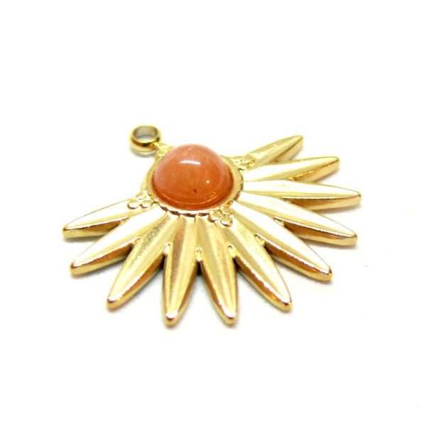 Pendentif  Demi Soleil Eventail 20 mm, Acier Inoxydable finition Doré 18KT et pierre Orange