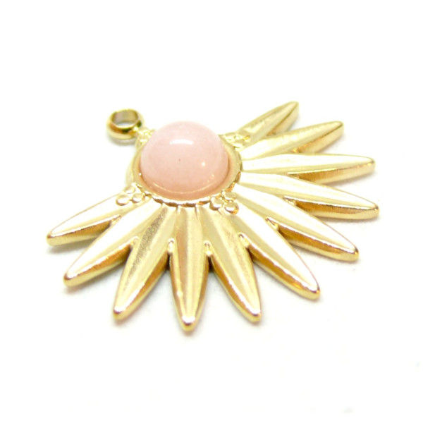 Pendentif,  Demi Soleil Eventail 20 mm, Acier Inoxydable finition Doré 18KT et pierre Rose