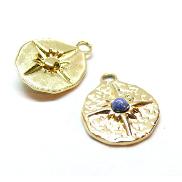 Pendentif  Médaillon Etoile 18.5mm et Lapis lazuli, Acier Inoxydable finition 304 Doré à l'or fin 18K, Placage sous vide