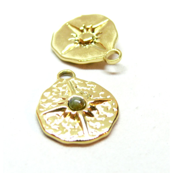 Pendentif,  Médaillon Etoile 18.5mm et Jaspe, Acier Inoxydable finition 304 Doré à l'or fin 18K, Placage sous vide