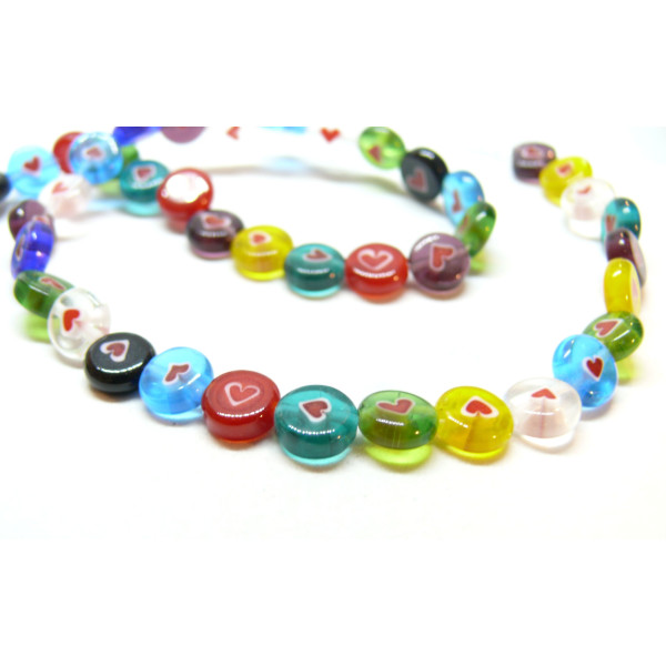 Perles Rondes Plates avec Coeur 8mm, Verre Millefiori fait Main