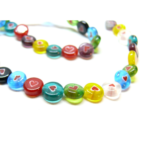 Perles Rondes Plates avec Coeur 8mm, Verre Millefiori fait Main