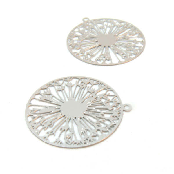 Estampes, Pissenlit dans cercle 25mm, Acier Inoxydable  finition Argenté