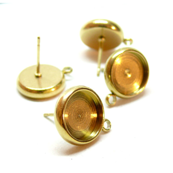 Supports Boucles d' oreille, Puce avec attache pour cabochon 12mm, Acier Inoxydable finition Doré, placage IONIQUE