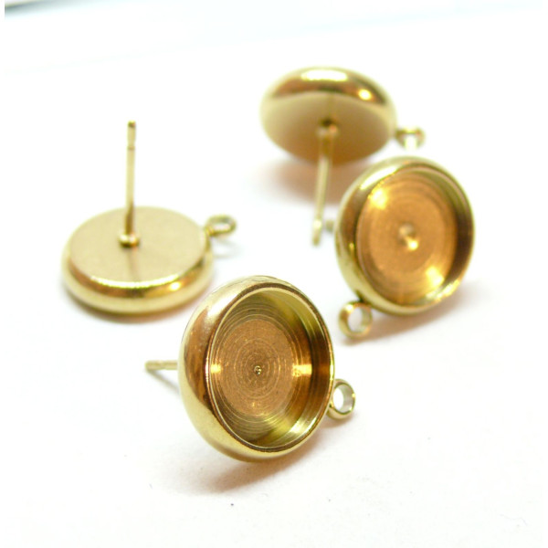 Supports Boucles d' oreille, Puce avec attache pour cabochon 12mm, Acier Inoxydable finition Doré, placage IONIQUE
