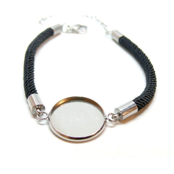 Support de Bracelet, cordon Noir, pour cabochon 18mm,  Acier Inoxydable 304, finition Argenté