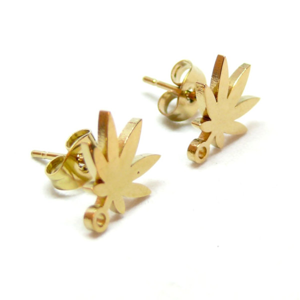 Boucles d' oreille, Puce Feuille avec attache, Acier Inoxydable 304 finition Doré, placage IONIQUE, avec embouts