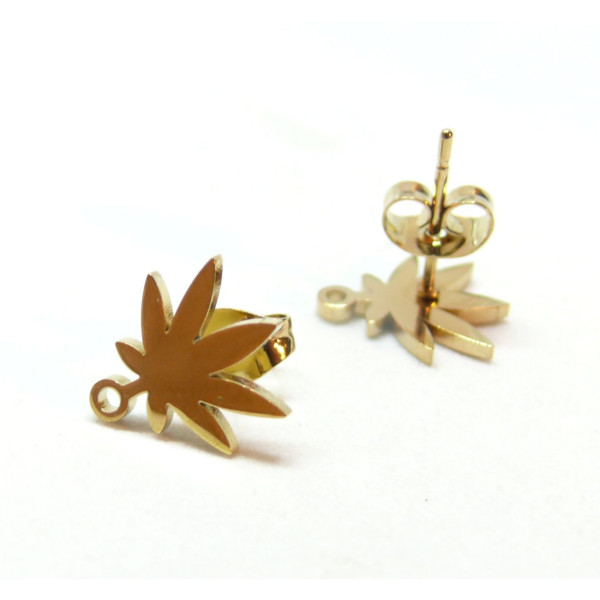 Boucles d' oreille, Puce Feuille avec attache, Acier Inoxydable 304 finition Doré, placage IONIQUE, avec embouts