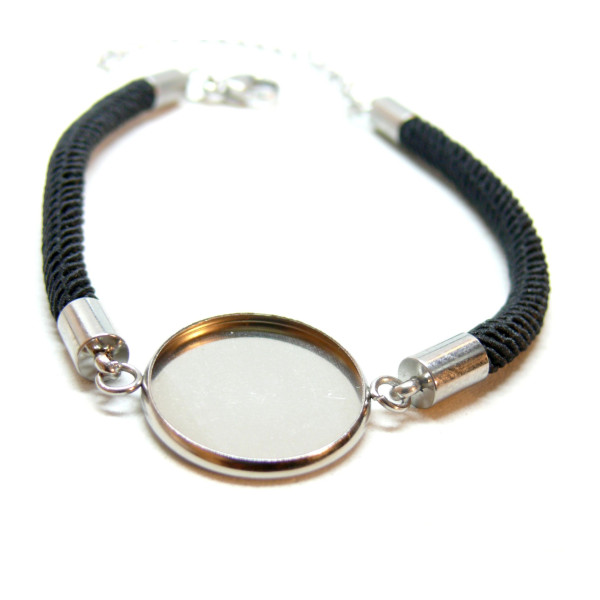 Support de Bracelet, cordon Noir, pour cabochon 14mm,  Acier Inoxydable 304, finition Argenté