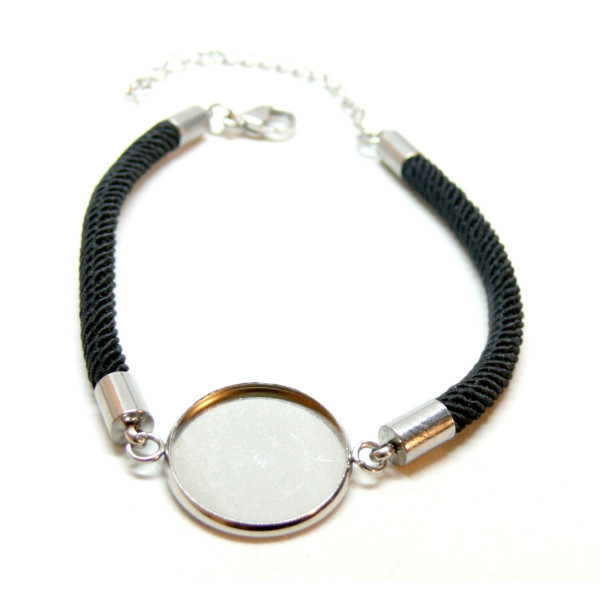 Support de Bracelet, cordon Noir, pour cabochon 14mm,  Acier Inoxydable 304, finition Argenté