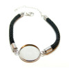 Support de Bracelet, cordon Noir, pour cabochon 12mm,  Acier Inoxydable 304, finition Argenté