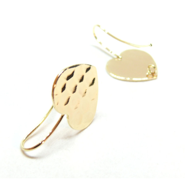 Boucle d'oreille  Crochet, Coeur martelé, avec anneau d'attache,  Laiton finition Doré à l'or fin 18K