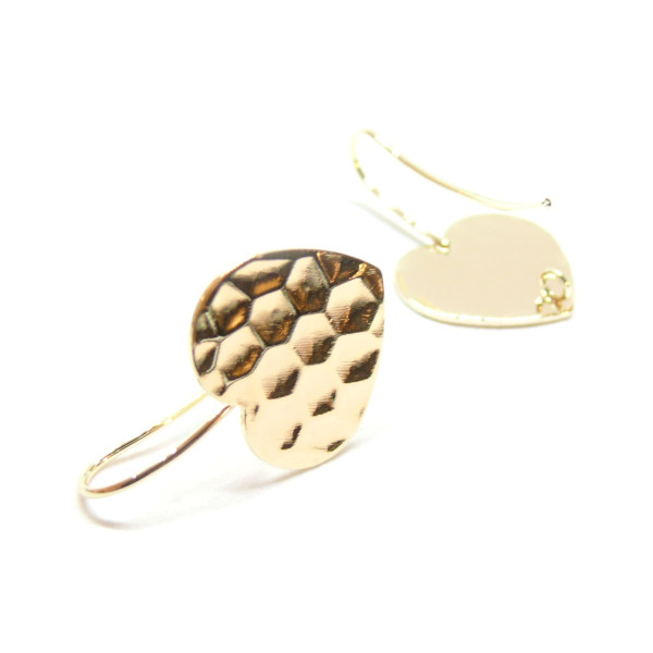 Boucle d'oreille  Crochet, Coeur martelé, avec anneau d'attache,  Laiton finition Doré à l'or fin 18K