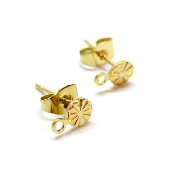 Boucles d'oreilles Puce, Cercle avec stries 4.5mm, Acier Inoxydable 316, Doré à l'or fin 18K, Placage IONIQUE