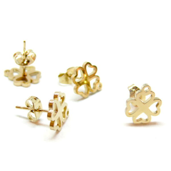 Boucles d' oreille, Puce Trèfle avec attache, Acier Inoxydable 304 finition Doré, placage IONIQUE