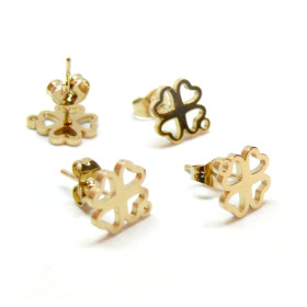 Boucles d' oreille, Puce Trèfle avec attache, Acier Inoxydable 304 finition Doré, placage IONIQUE