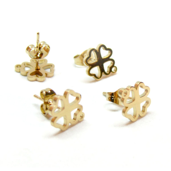 Boucles d' oreille, Puce Trèfle avec attache, Acier Inoxydable 304 finition Doré, placage IONIQUE