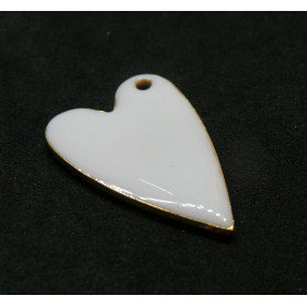 Pendentifs, Sequins résine style émaillés Cœur Blanc 29mm, sur une base en métal Doré