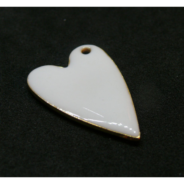 Pendentifs, Sequins résine style émaillés Cœur Blanc 29mm, sur une base en métal Doré