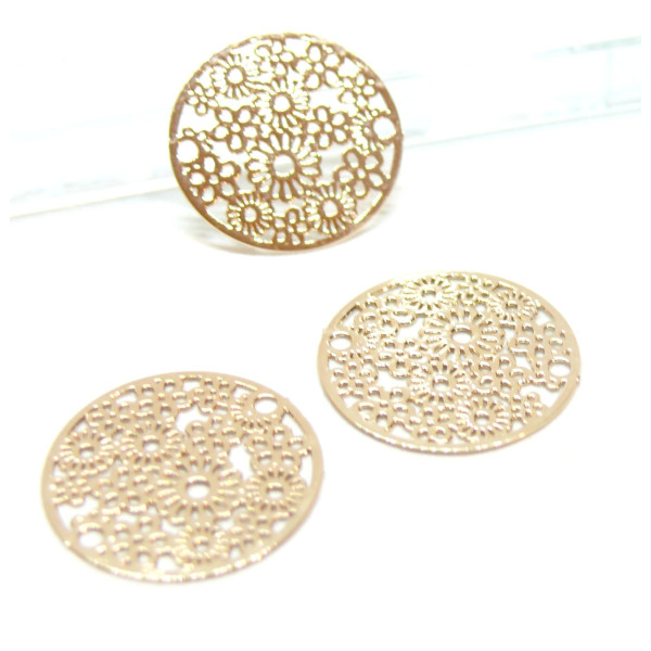 Estampes, connecteur filigrane, Medaillon Multi Fleurs 20mm, métal couleur Doré