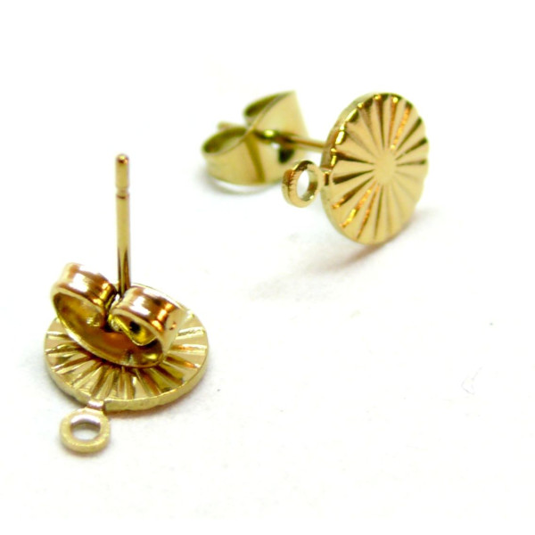 Boucles d'oreilles Puce, Cercle avec stries 7mm, Acier Inoxydable 316, Doré à l'or fin 18K, Placage IONIQUE avec embouts