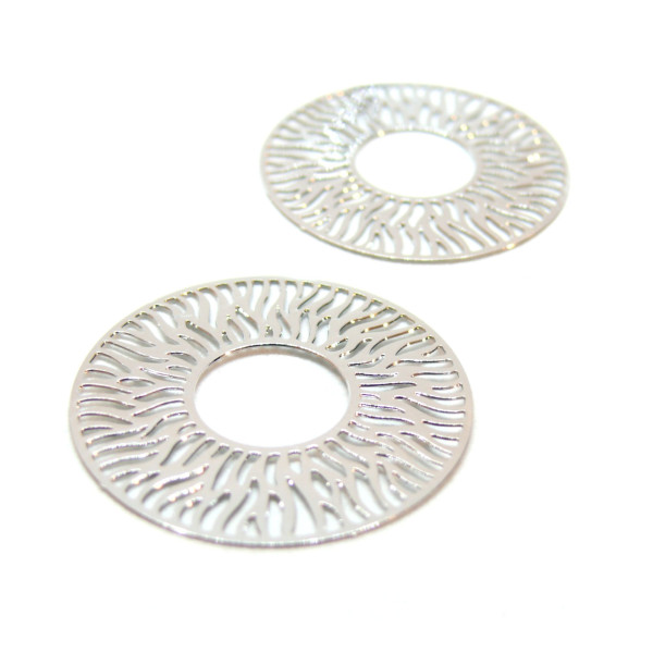 Estampes, connecteur filigrane, Medaillon Soleil 30mm, Laiton finition Argenté