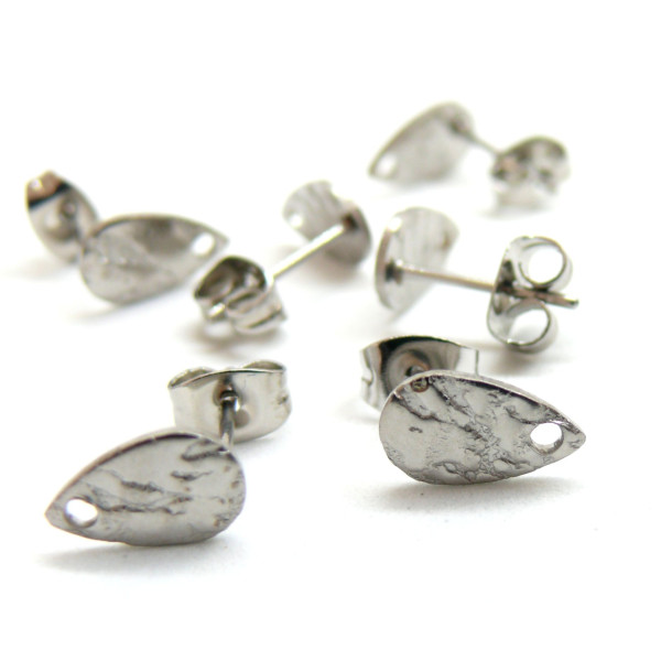 Boucles d'oreilles Clous, Puce Goutte 10mm, Martelé avec trou et embouts, Acier inoxydable 304, finition Argenté