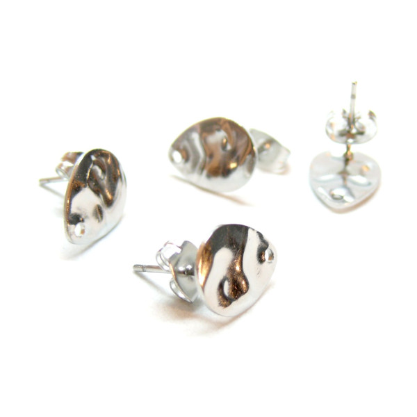 Boucles d'oreilles Clous, Puce Goutte 12mm, Martelé avec trou et embouts, Acier inoxydable 304, finition Argenté