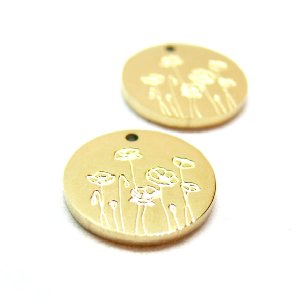 Pendentifs Médaillon avec Fleurs 13mm, Acier Inoxydable 304 finition Doré, placage sous vide