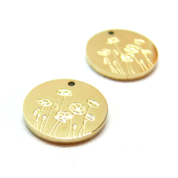 Pendentifs Médaillon avec Fleurs 13mm, Acier Inoxydable 304 finition Doré, placage sous vide