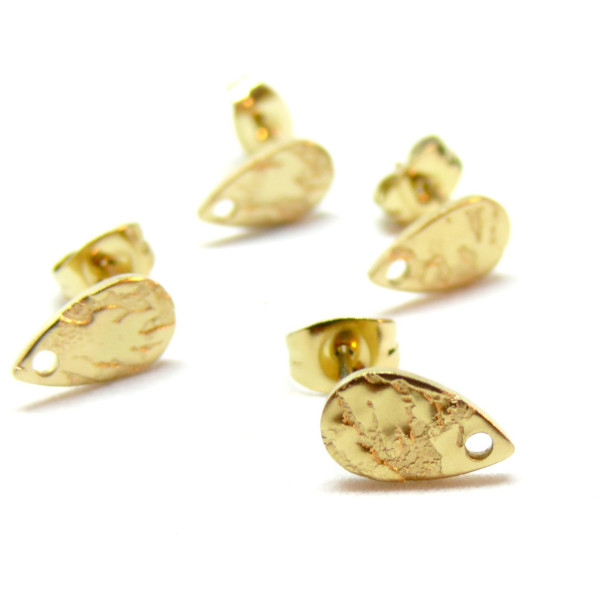 Boucles d’oreilles Clous Puce Goutte 10mm Martelé Trou Embouts Acier Inoxydable 304 Doré Ionique