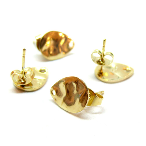 Boucles d' oreille Puce, Goutte Martelée avec trou 12mm, Acier Inoxydable finition Doré, avec embouts