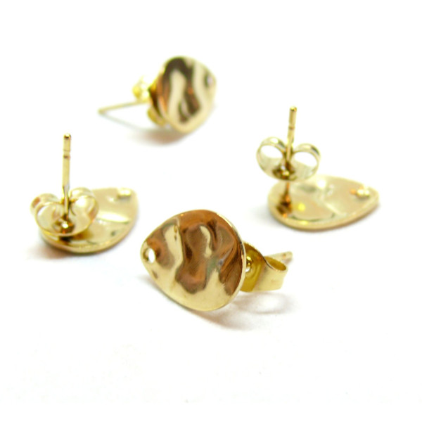 Boucles d' oreille Puce, Goutte Martelée avec trou 12mm, Acier Inoxydable finition Doré, avec embouts