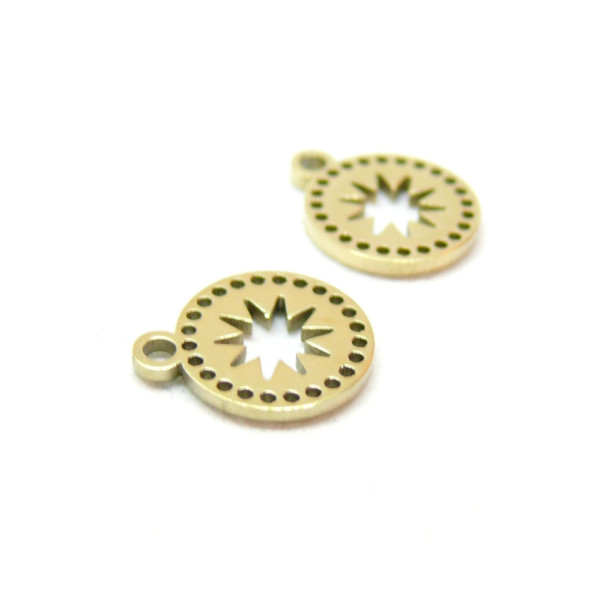 Pendentif, Médaillon avec étoile 9mm, Acier Inoxydable 316L doré à l'or fin 18K, Placage IONIQUE