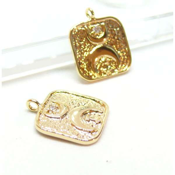 Pendentif avec Anneau transversal,  Carré avec Lune avec Strass, Laiton, finition Doré à l'or fin 18K