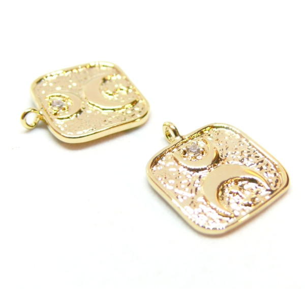 Pendentif avec Anneau transversal,  Carré avec Lune avec Strass, Laiton, finition Doré à l'or fin 18K