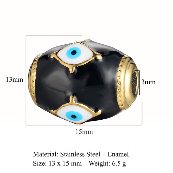 Perle intercalaires Tonneau, Grigri, Amulette, Oeil de la protection 15mm, résine émaillée, Acier Inoxydable 304 Doré