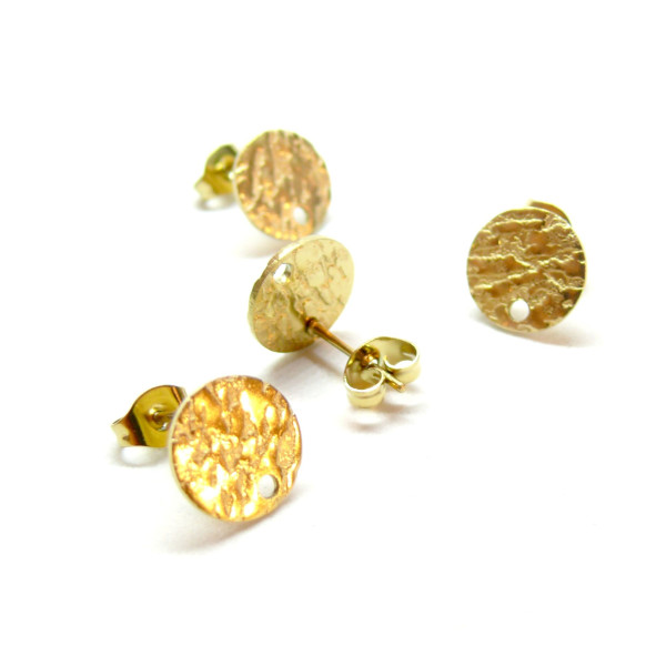 Boucles d'oreilles, Puces Rond Martelé 10mm avec trou, Acier Inoxydable, finition Doré, placage Ionique avec embouts